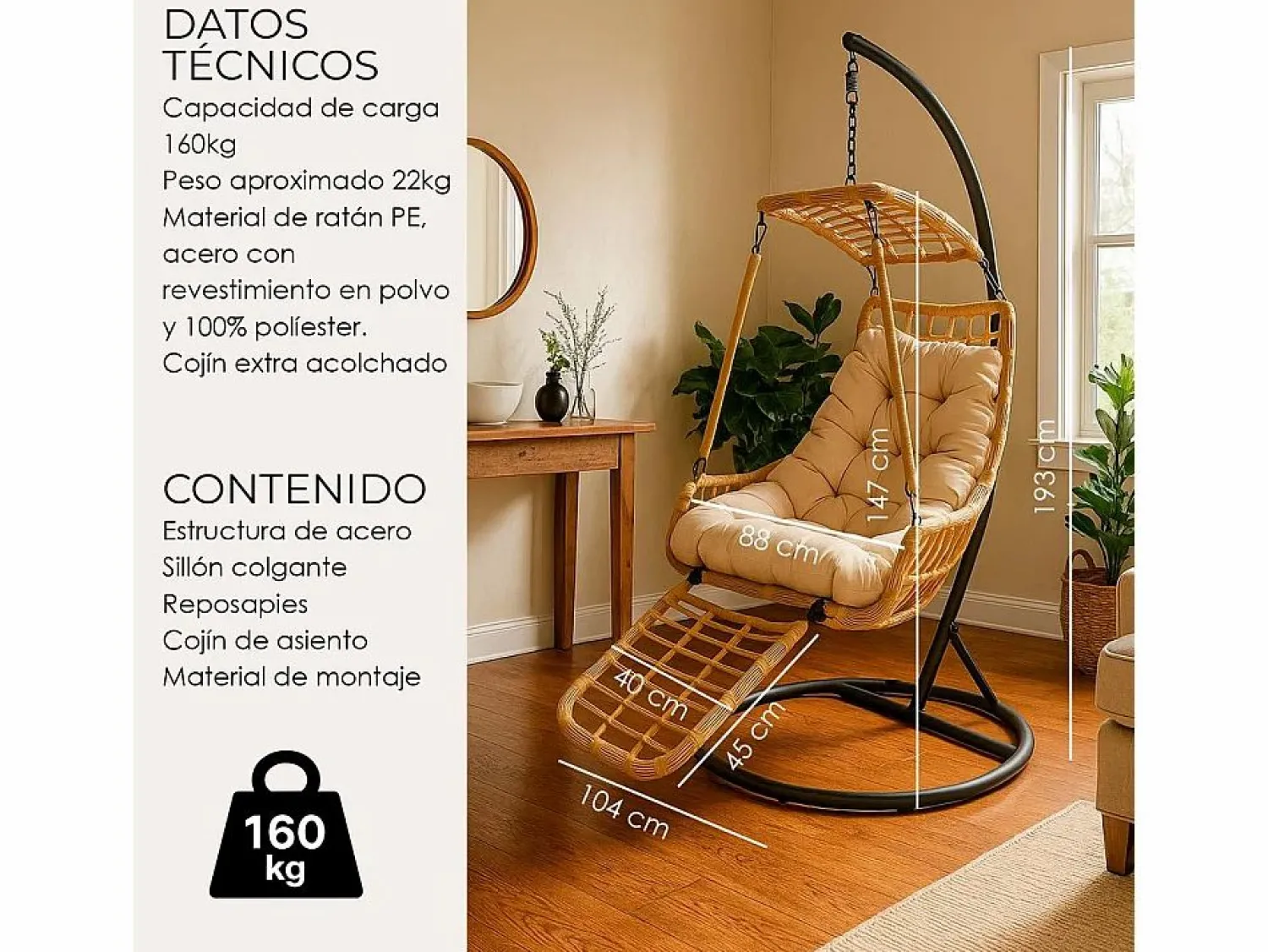 Discount Silla Colgante Yoevu - con reposapiés para interior y exterior - YV-RELAXCHAIR Sillón Colgante