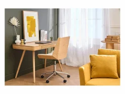 Discount Silla de escritorio moderna PU blanca y madera clara MELKIOR Silla De Oficina