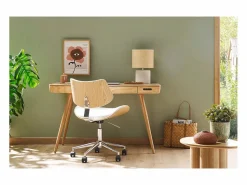 Miliboo Silla de oficina de diseño con ruedas de color , roble claro y metal MALMO