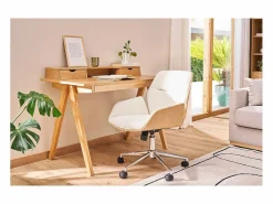 Miliboo Silla de oficina de diseño negra con ruedas, madera oscura y metal MARLOW