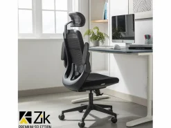 New Silla de Oficina Giratoria Ergonómica con Reposabrazos y Reposacabezas, con Apoyo Lumbar, Altura Ajustable en Tejido, Negra - ZIK Negro