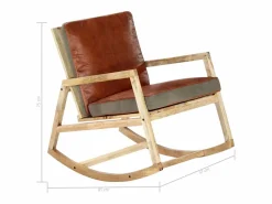 New Silla mecedora de cuero auténtico y madera mango maciza marrón Sillón Balancín|Sillón De Piel
