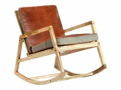 New Silla mecedora de cuero auténtico y madera mango maciza marrón Sillón Balancín|Sillón De Piel