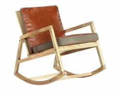 New Silla mecedora de cuero auténtico y madera mango maciza marrón Sillón Balancín|Sillón De Piel