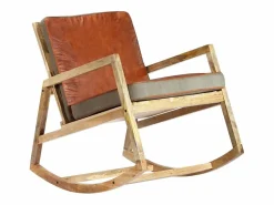 New Silla mecedora de cuero auténtico y madera mango maciza marrón Sillón Balancín|Sillón De Piel