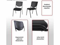 MCW Silla para visitas H401 Apilable (juego de 4), asiento negro, patas cromadas