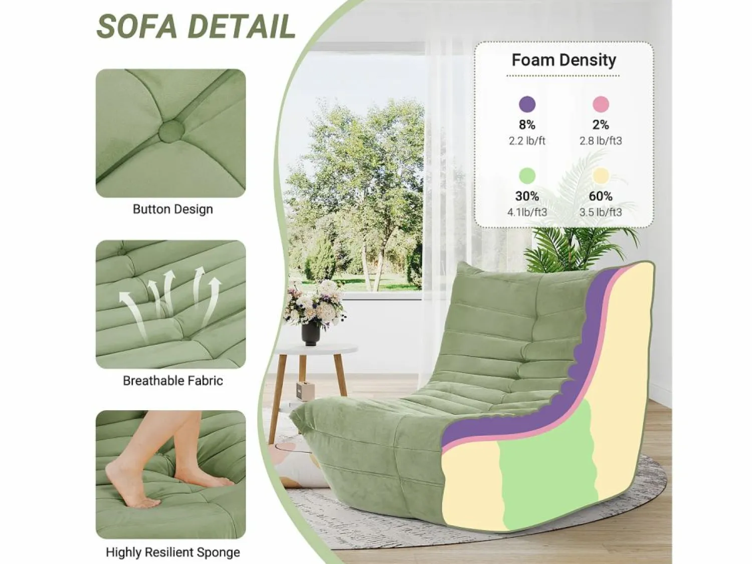 Clearance DripeX Silla Strazy in Green Caterpillar - Asiento profundo de 62 cm - 80x85x84cm Verde