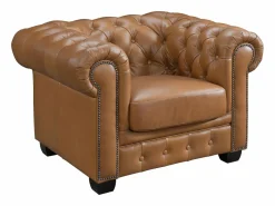 LINEA SOFA Sillón chesterfield 100% piel de búfalo Caramel vintage BRENTON Camel