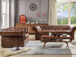 Online Sillón chesterfield de piel envejecida marrón CLOTAIRE Sillón De Piel