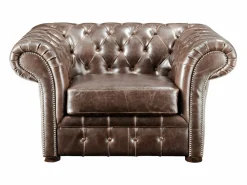 Online Sillón chesterfield de piel envejecida marrón CLOTAIRE Sillón De Piel