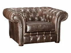 Online Sillón chesterfield de piel envejecida marrón CLOTAIRE Sillón De Piel