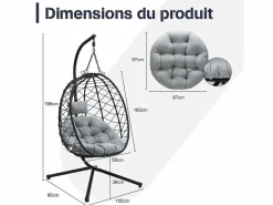 Sillón colgante HOMEMIYN con cojín, silla hamaca con soporte metálico negro, cojín o beige, ideal para jardín y balcón en primavera