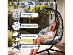 Sillón colgante HOMEMIYN con cojín, silla hamaca con soporte metálico negro, cojín o beige, ideal para jardín y balcón en primavera