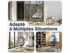 Sillón colgante HOMEMIYN con cojín, silla hamaca con soporte metálico negro, cojín o beige, ideal para jardín y balcón en primavera