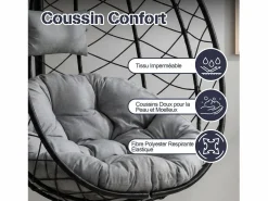 Sillón colgante HOMEMIYN con cojín, silla hamaca con soporte metálico negro, cojín o beige, ideal para jardín y balcón en primavera