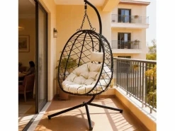 Sillón colgante HOMEMIYN con cojín, silla hamaca con soporte metálico negro, cojín gris o beige, ideal para jardín y balcón en primavera
