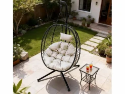 Sillón colgante HOMEMIYN con cojín, silla hamaca con soporte metálico negro, cojín gris o beige, ideal para jardín y balcón en primavera