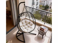 Sillón colgante HOMEMIYN con cojín, silla hamaca con soporte metálico negro, cojín gris o beige, ideal para jardín y balcón en primavera