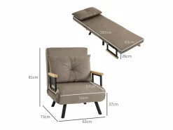 Sillón convertible con respaldo reclinable en 5 posiciones, acero, terciopelo beige claro (63x73x81cm)