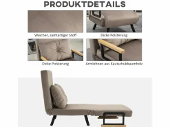 Sillón convertible con respaldo reclinable en 5 posiciones, acero, terciopelo beige claro (63x73x81cm)