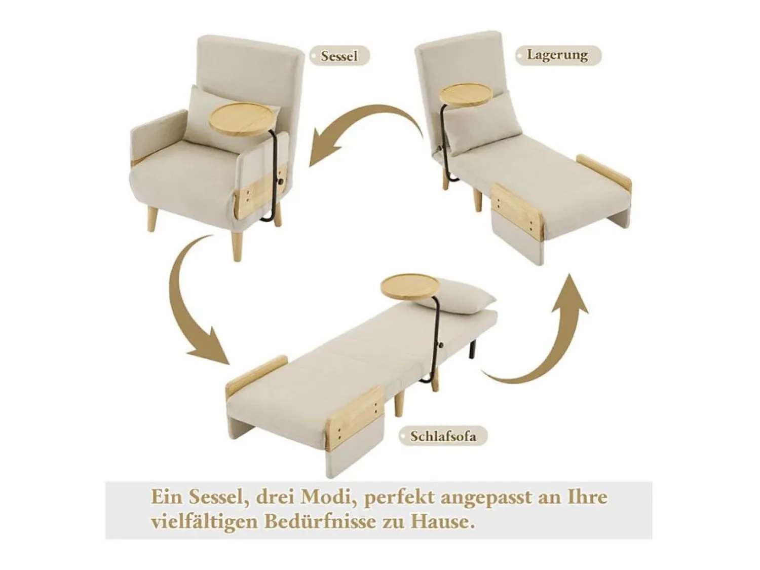 Best DripeX Sillón convertible de lino , con mesa de madera y almohada, respaldo ajustable, superficie para acostarse 180x62 cm Beige
