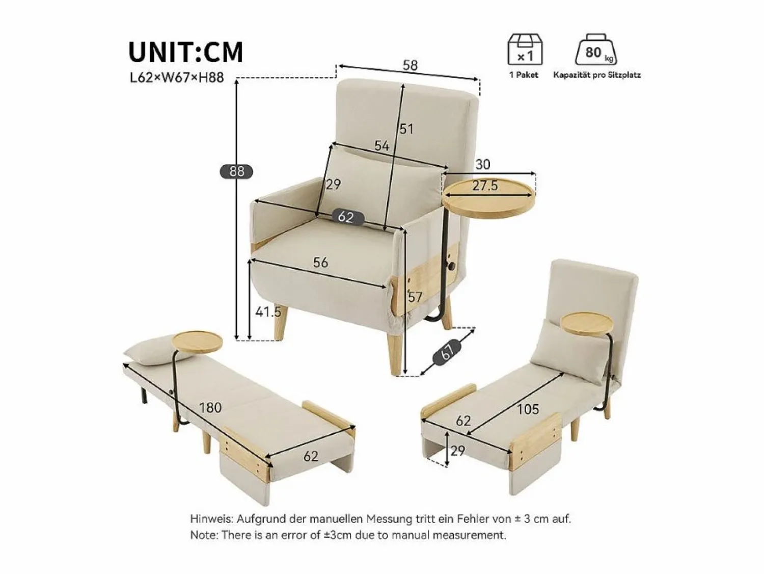 Best DripeX Sillón convertible de lino , con mesa de madera y almohada, respaldo ajustable, superficie para acostarse 180x62 cm Beige