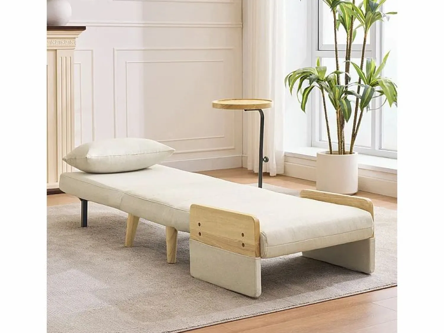 Best DripeX Sillón convertible de lino , con mesa de madera y almohada, respaldo ajustable, superficie para acostarse 180x62 cm Beige