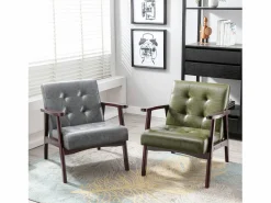 Outlet Sillón de cuero artificial tapizado estilo vintage - Sillón de madera natural para oficina o dormitorio, azul Sillón De Piel