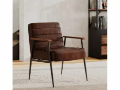 New Sillón de cuero de búfalo marrón y metal negro - Hugues Sillón De Piel
