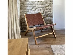 Rendez-Vous Déco Sillón de teca y cuero tejido marrón - Kuna