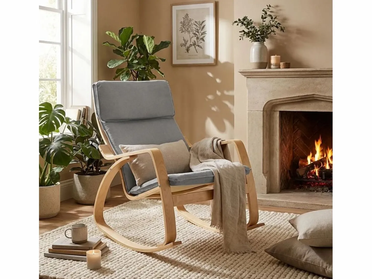AHD Sillón mecedora de madera con diseño escandinavo Aalborg -