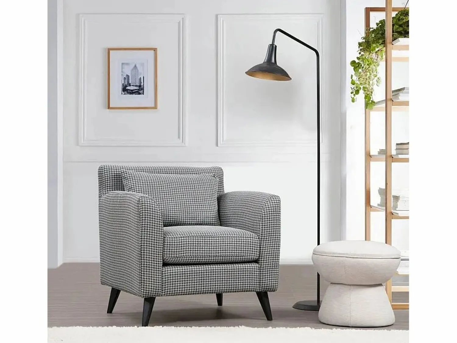 Discount Sillón orejero elegante, blanco y negro, 82 x 75 x 83 cm | Estructura de madera de haya y aglomerado, 100 % poliéster, cojines portátiles | Sillón Escandinavo