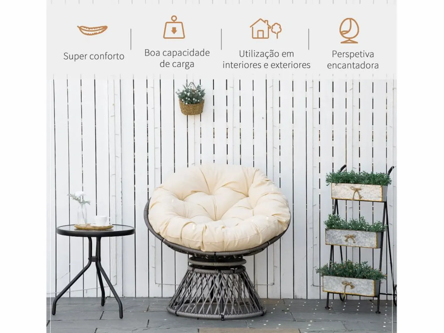 Online Outsunny Sillón papasan giratorio con cojín /crema 90x87x97 cm Gris