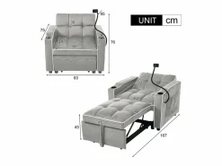 New Sillón retráctil de terciopelo - con portavasos + soporte para teléfono móvil - Sillón Cama