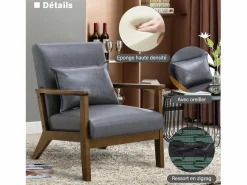 New Sillón tapizado estilo vintage de madera maciza - Silla de oficina/dormitorio (68,5 x 81 x 80 cm) en piel sintética gris Marru00f3n