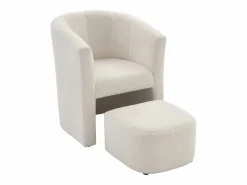 Hot Vente-unique Sillón y puf de tela de rizo estilo clásico atemporal JOVANA Blanco