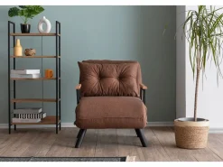 Sale Menzzo Sillón-cama de 1 plaza – color marrón claro – estructura 100% metal – tejido de lino Marru00f3n