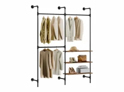 Sobuy perchero industrial de pared con 3 barras y estantes de MDF, armario abierto
