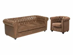 Vente-unique Sofá 3 plazas + Sillón CHESTERFIELD Microfibra envejecida