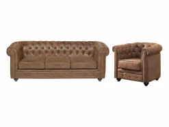 Vente-unique Sofá 3 plazas + Sillón CHESTERFIELD Microfibra envejecida