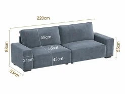 Hot Sofá 3 plazas chenilla - con reposabrazos anchos - 220 x 83 x 88 cm Sofá Escandinavo