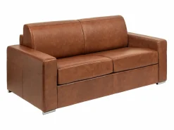 Sale Vente-unique Sofá 3 plazas convertible rápido de cuero vintage caramelo 140 cm colchón 14 cm CALITO Marru00f3n