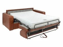 Sale Vente-unique Sofá 3 plazas convertible rápido de cuero vintage caramelo 140 cm colchón 14 cm CALITO Marru00f3n