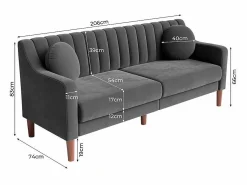 Discount DripeX Sofá 3 plazas de terciopelo - patas de madera maciza 19cm - con 2 cojines - 206x74x83cm - Gris