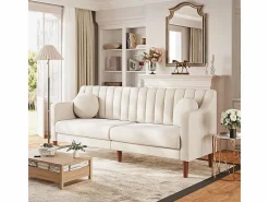 Discount Sofá 3 plazas de terciopelo - patas de madera maciza 19cm - con 2 cojines - 206x74x83cm - Sofá Escandinavo