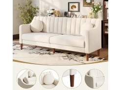 Discount Sofá 3 plazas de terciopelo - patas de madera maciza 19cm - con 2 cojines - 206x74x83cm - Sofá Escandinavo