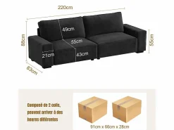 DripeX Sofá 3 plazas en chenille - con grandes brazos - 55cm asiento profundo - 220 x 83 x 88 cm