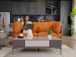 Outlet Sofá 2/3 plazas en imitación de piel, con 56 cm de profundidad y cómoda cojines de asiento, 185x76x90 cm, Todos Los Sofás|Sofás Club