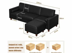 New Sofá 3 plazas en skai, con otomana y 2 cojines redondos, estructura de madera, 234x155x88cm, Sofá - 3 Plazas|Sofás De Piel Sintética