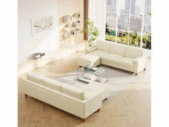 DripeX Sofá 3 plazas en skai, con otomana y 2 cojines redondos, estructura de madera, 234x155x88cm,